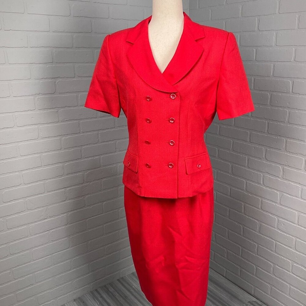 Kasper ASL Skirt‎ Suit Women 8 Red Double Breasted Woven Career Classic VTG